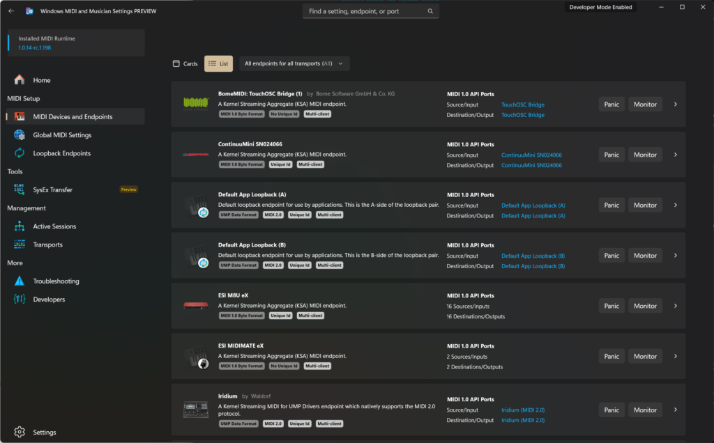 Windows MIDI Services Settings app 