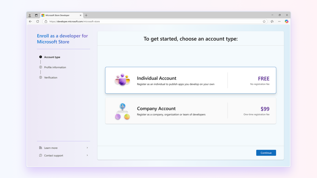 Free individual developer registration.