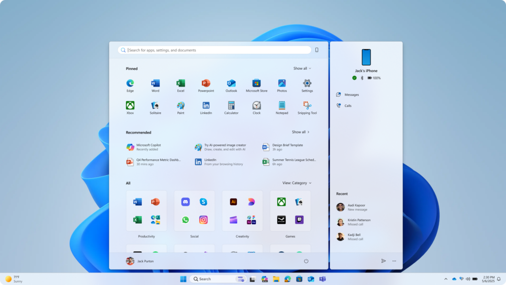 Updated Start menu shows pinned apps on the top, recommended apps and files in the middle, and installed apps which are grouped by a new category UI on the bottom.
