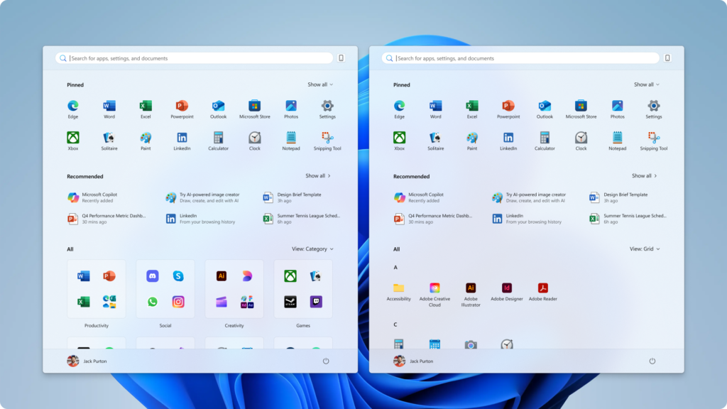 Updated Start menu introduces 2 new ways to view installed apps: by category and grid views.