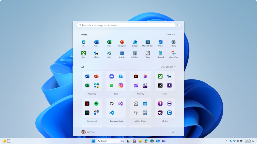 Updated Start menu only shows pinned and installed apps to illustrate that sections within Start are now responsive and can collapse such as the Recommended section.