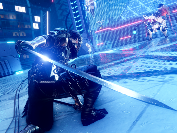 Screenshot from Ninja Gaiden 4 showing black-clothed warrior bending down with a sword in a battle formation