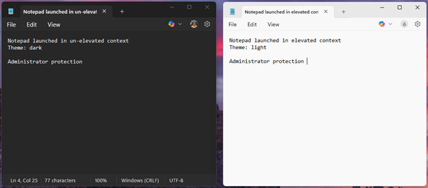 Screen showing Notepad screens in unelevated and elevated context side by side.