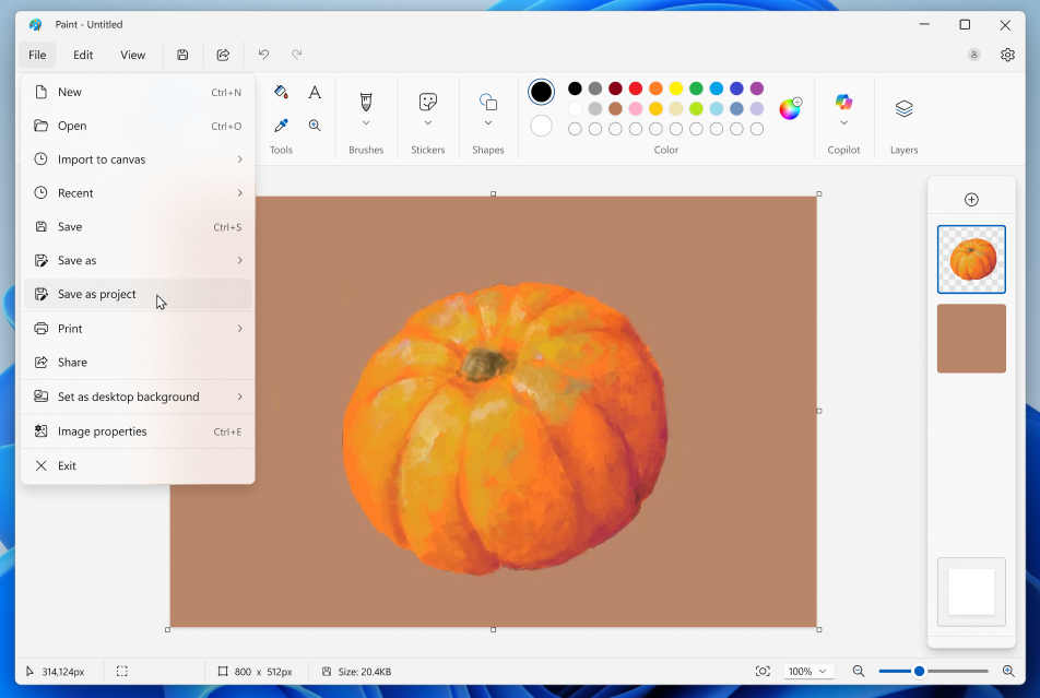 Paint app screenshot of pumpkin and saving as a project file.