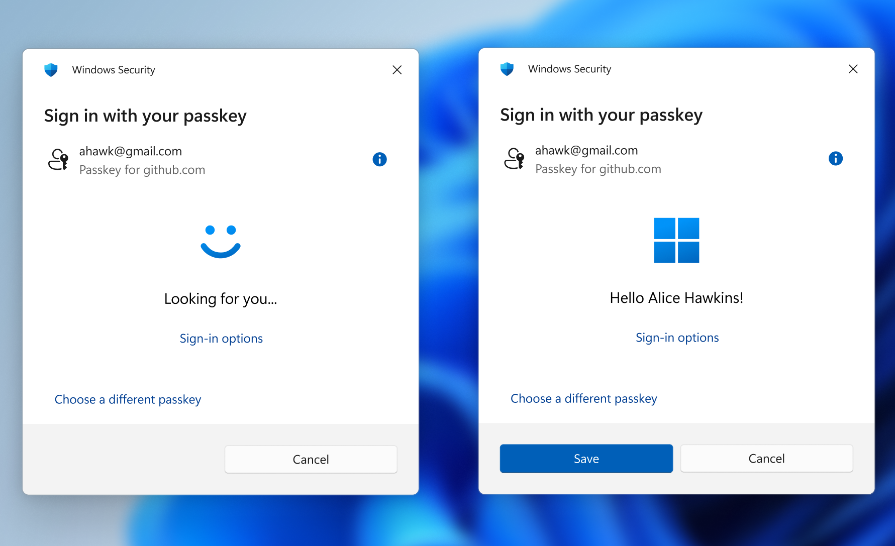 Image showing new passkey sign-in flow screens.
