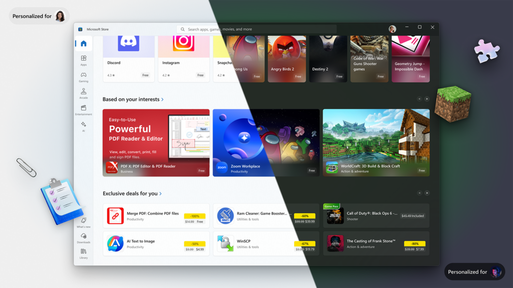 Image of a personalized home page experience with recommendations curated for users.