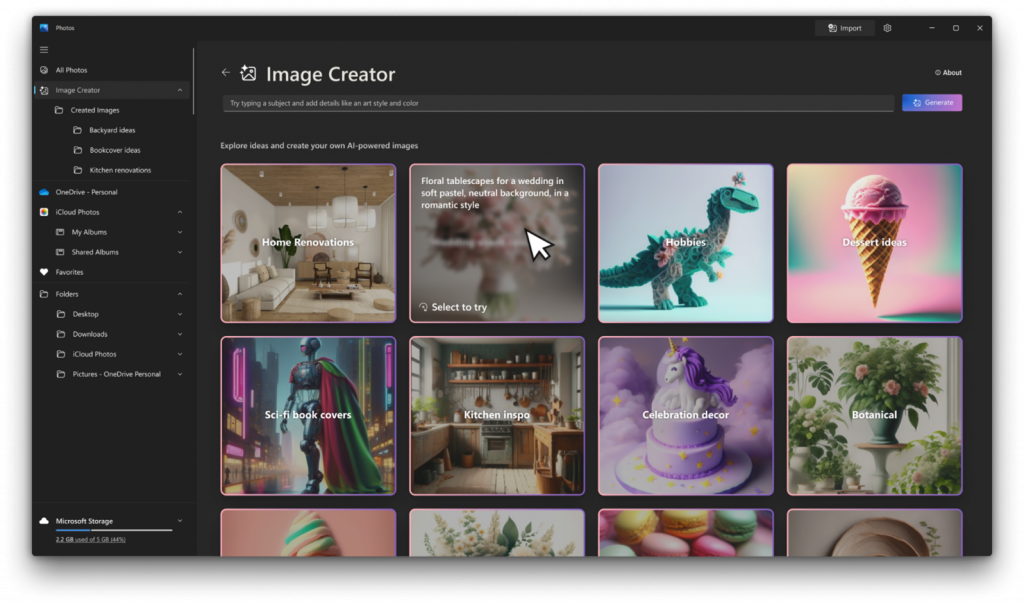 Image Creator in the Microsoft Photos app leverages the AI capabilities of your Copilot+ PC to transform a text prompt into a stunning gallery of diverse, uniquely crafted images.