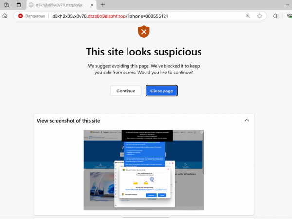 Scareware blocker catching a scam in Microsoft Edge.