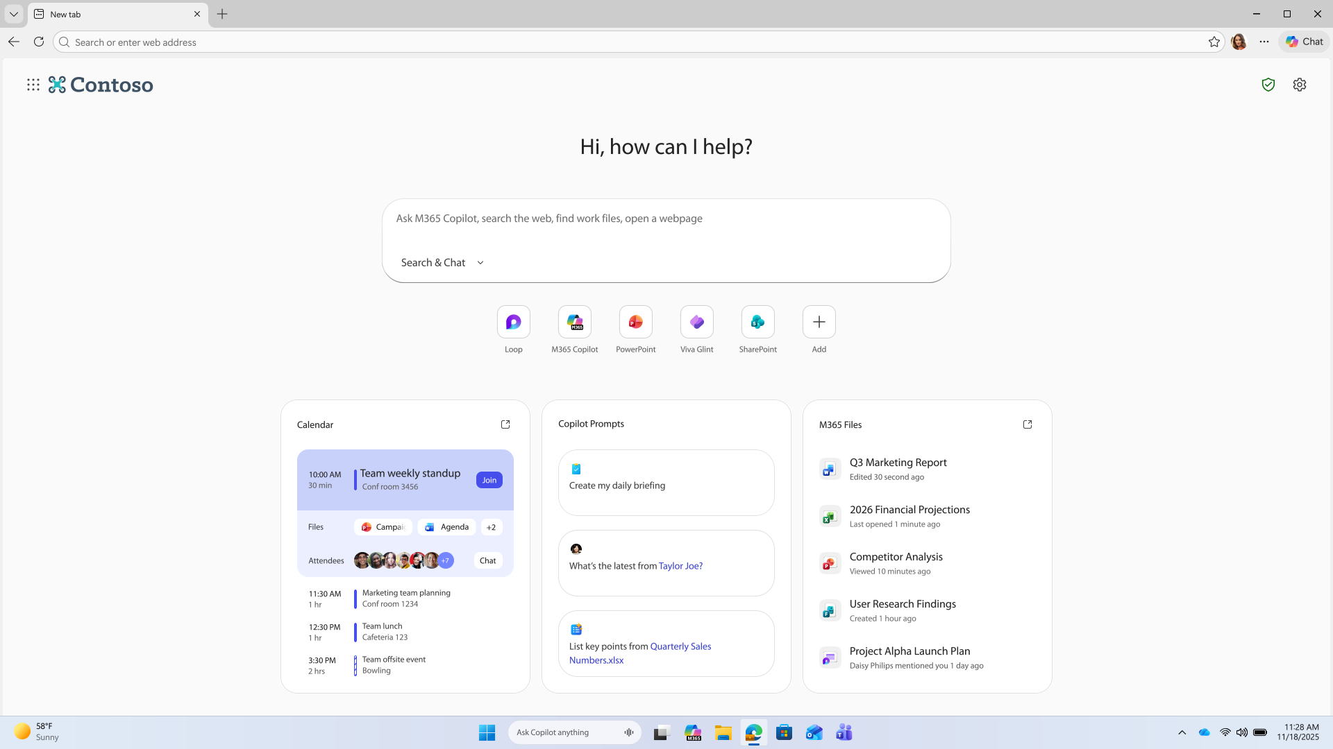 The New tab page of Edge for Business, showing the M365 Copilot input field, and three columns with Calendar, Copilot Prompts, and M365 Files.