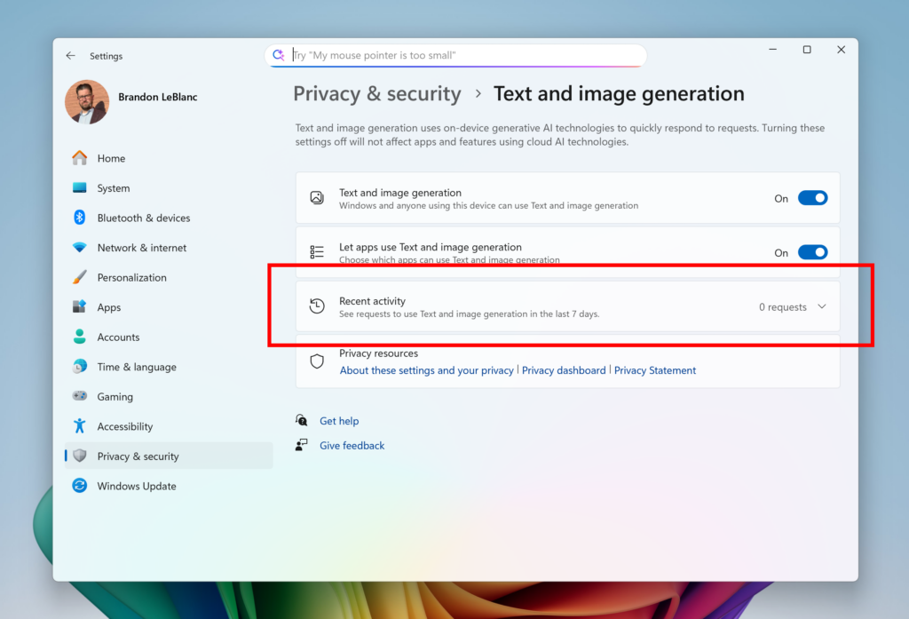 Text and image generation settings page with recent activity highlighted in a red box for seeing which apps use generative AI models provided by Windows.