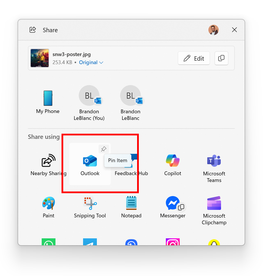 New pinning option for apps in the Windows share window highlighted in a red box.