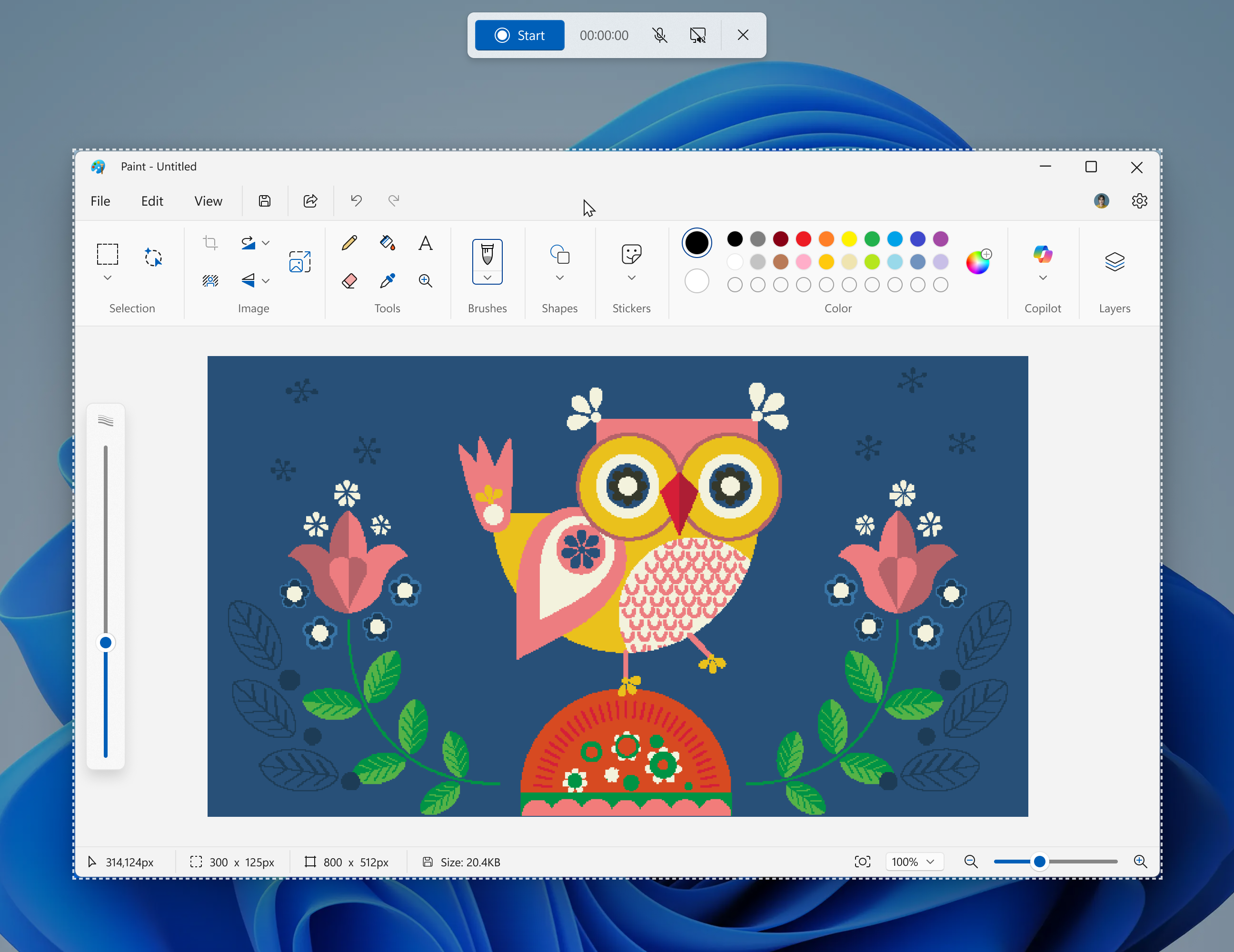 Screen recording setup of the Paint app window with UI denoting that screen recording is set to the position of that specific app window.