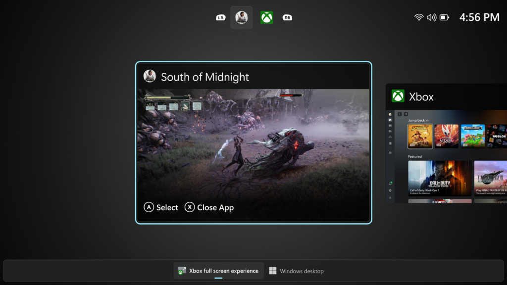 A screenshot of the full screen experience with the Xbox PC app, with game selection shown.