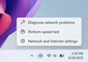 Menu options to Diagnose network problems, Perform speed test, and Network and Internet settings from the network icon in the system tray.
