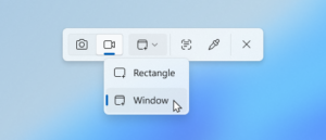 New option to set recording region by selecting a specific app window in the Snipping Tool toolbar.