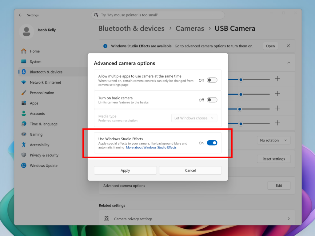 New option inside Settings to turn on the ability to use Windows Studio Effects on an additional camera highlighted in a red box.