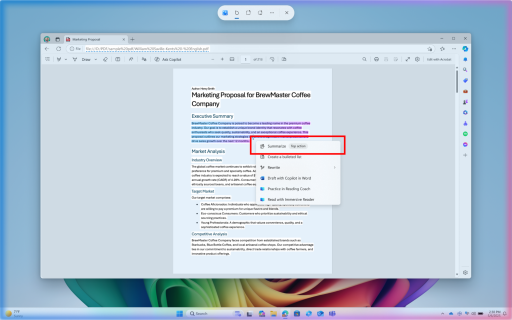 Example of a top action highlighted in a red box in Click to Do’s context menu.