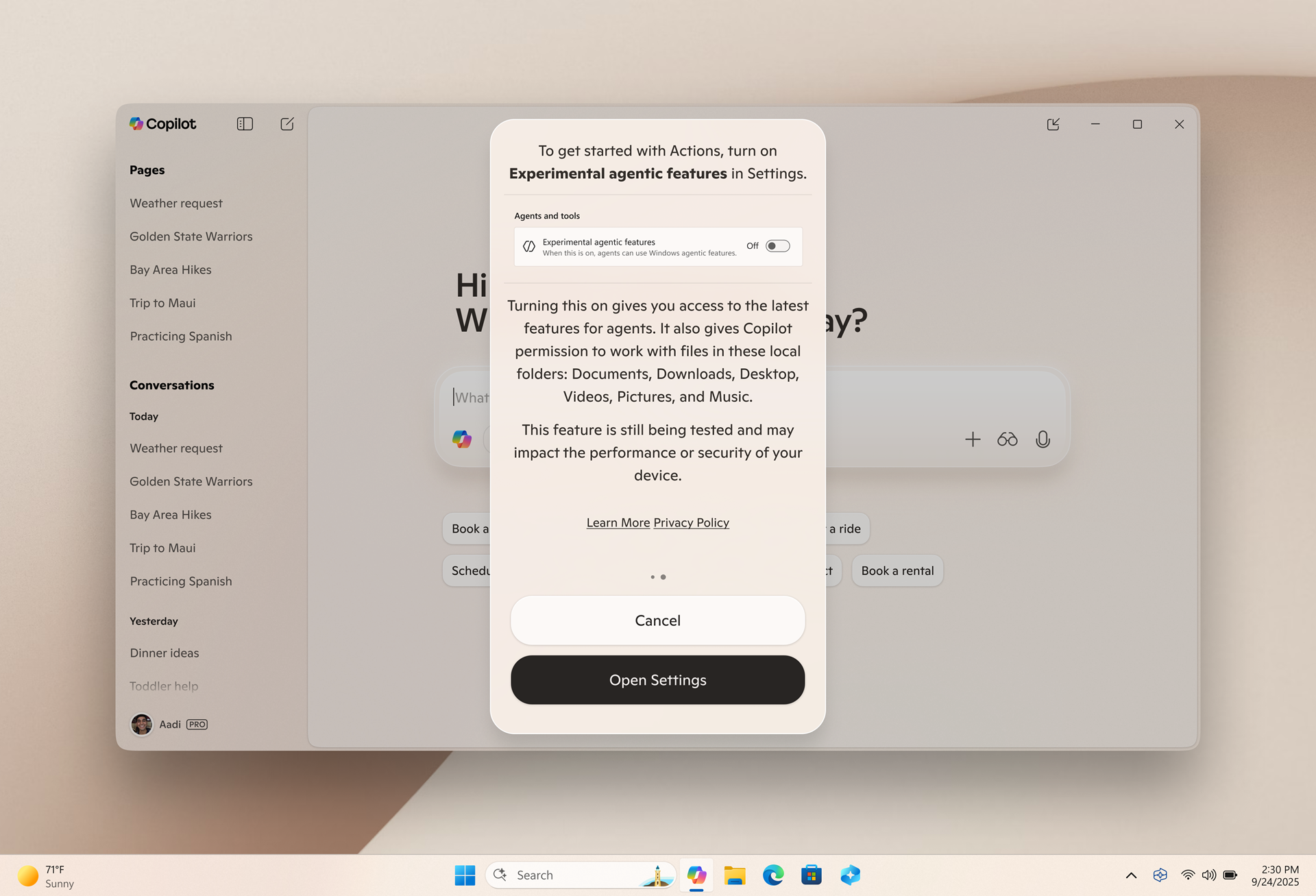 Copilot Actions screen.