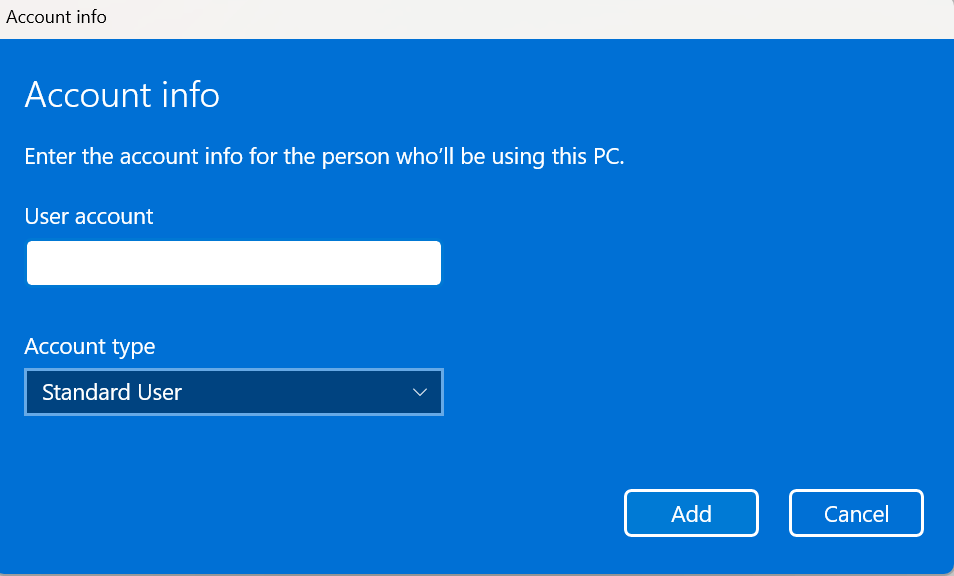 Old 'Add account' dialog user experience for work or school users.