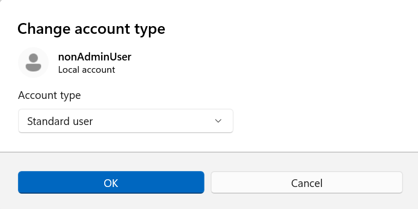 New 'Change account type' dialog user experience for other users present on the device.
