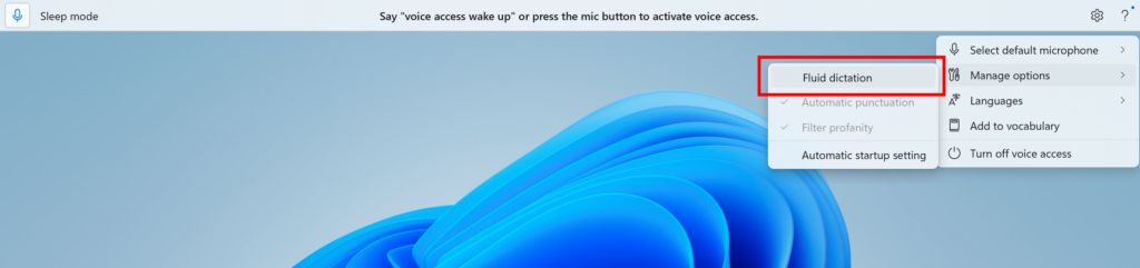 The option to turn fluid dictation on or off in the settings flyout in voice access highlighted in a red box.