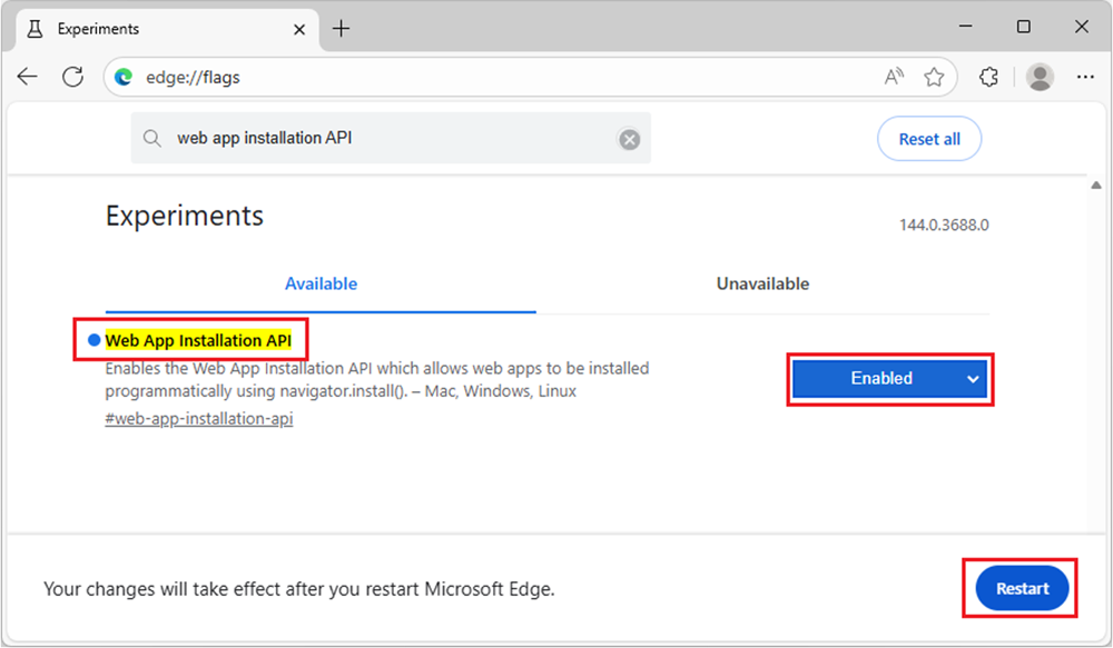 The internal flags page in Microsoft Edge, showing the Web Install flag entry.