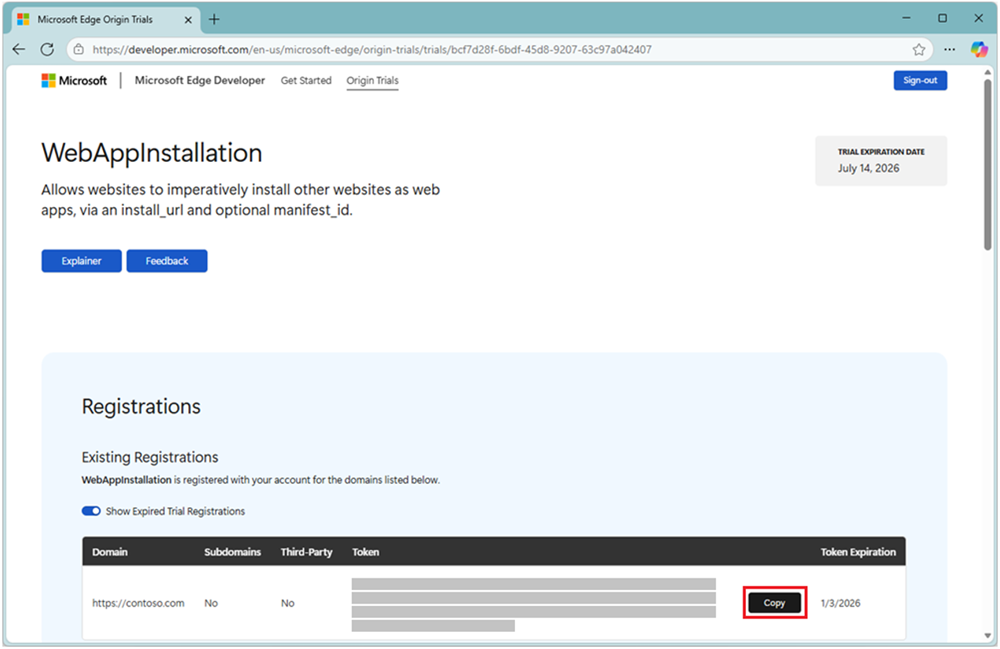 The page showing the token to use for the Web Install origin trial, for the registered domain name.