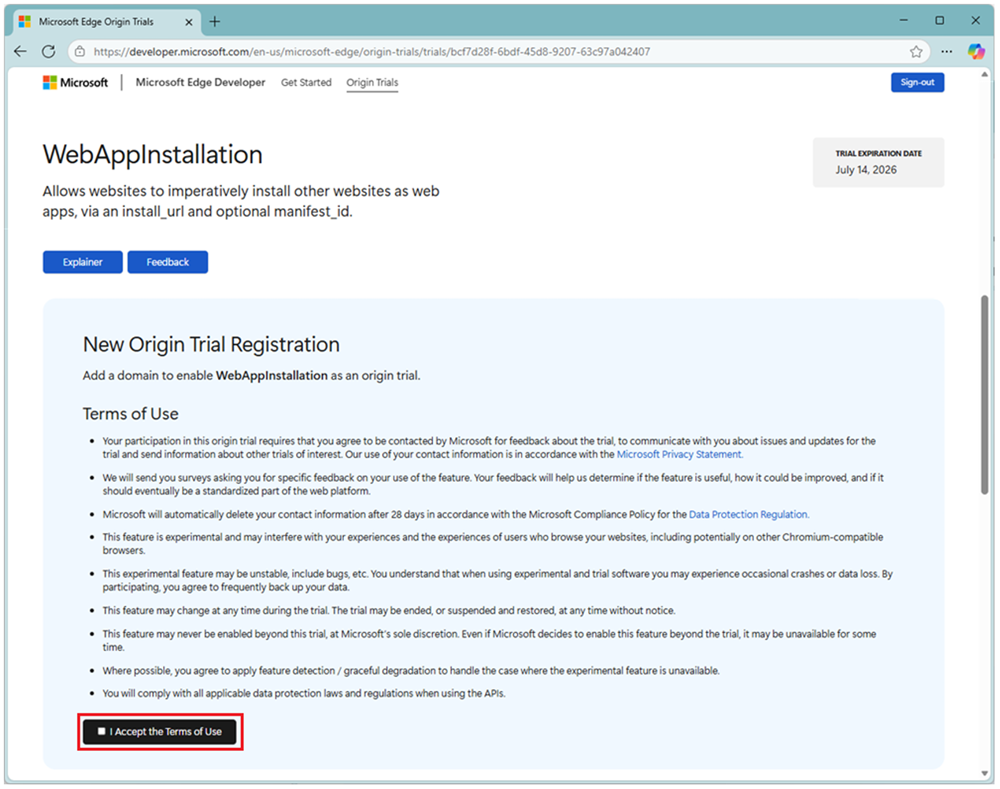 The Web Install origin trial page on the Microsoft Edge origin trial site.