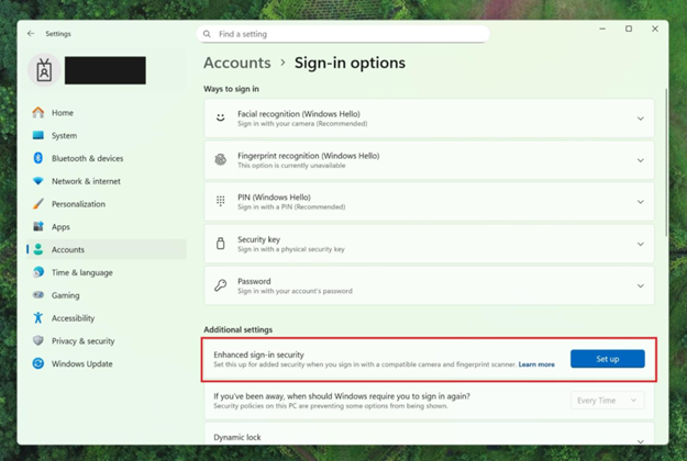 Settings dialog under Accounts-->Sign-in options, where Additional settings has an option outlined in red for “Enhanced sign-in security” with a button for “Set up”
